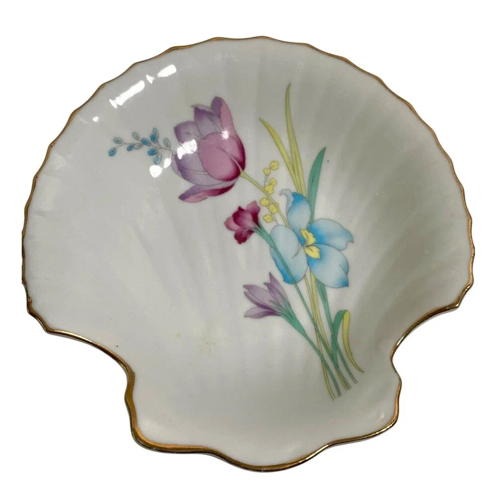 Vintage Floral Soap Dish with Toothbrush Holder Porcelain W Gold Edge Japan